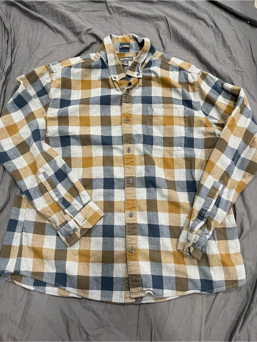 Eddie Bauer Blue and Brown Plaid Flannel Shirt
